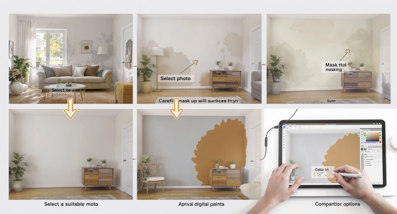 Sequence showing choosing photo, masking walls, applying paint, and comparing options on a room photo using digital tools.
