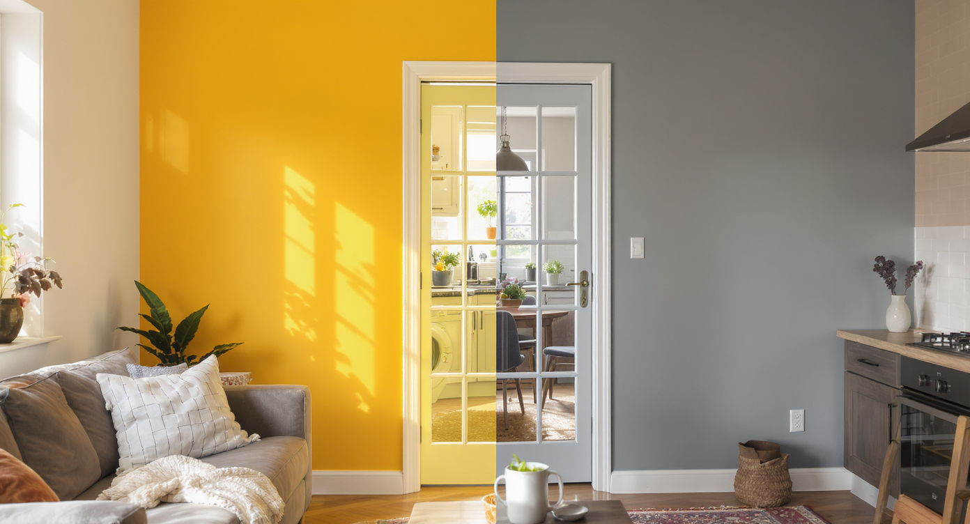 Interior with narrow glass door; contrasting wall colors cause glare and visual discomfort, affecting occupant's mood.