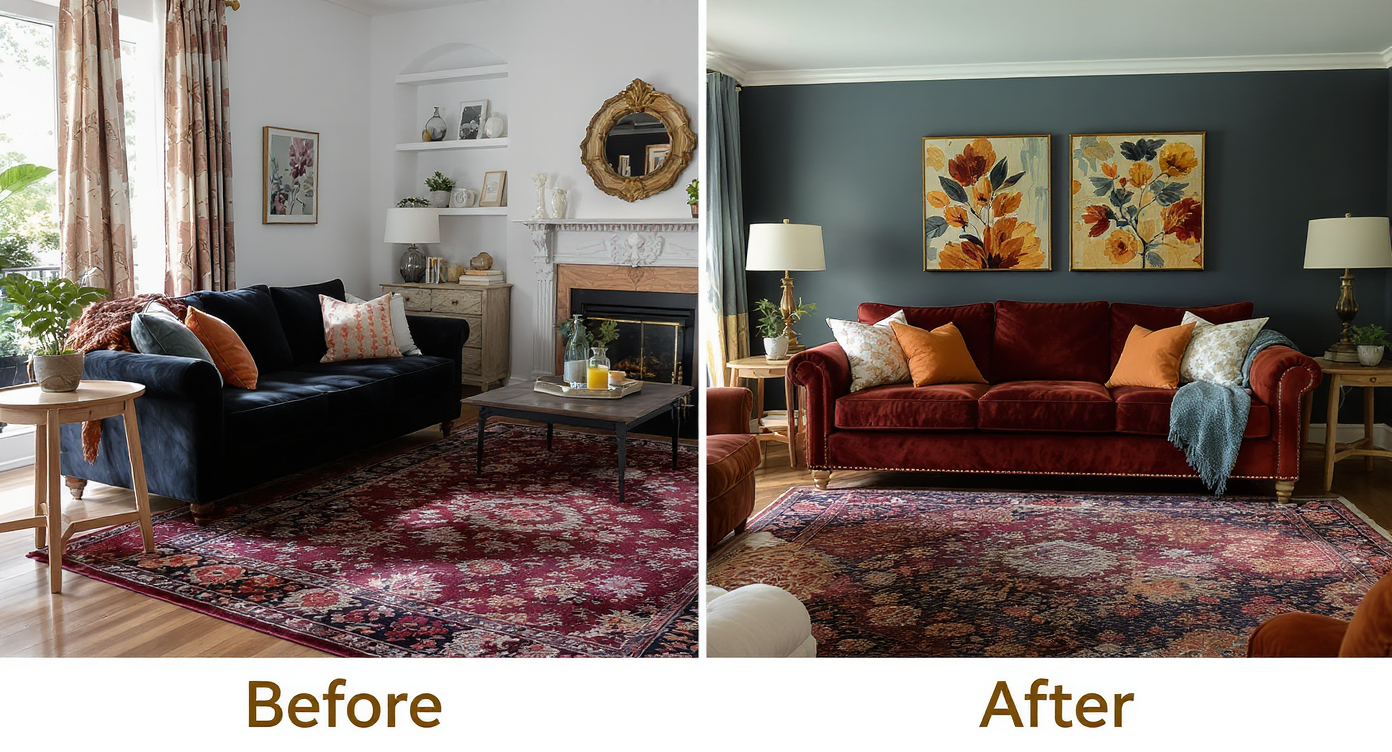Split image showing before and after digital recoloring of sofa and textiles to harmonize with rug and walls, maintaining texture realism.