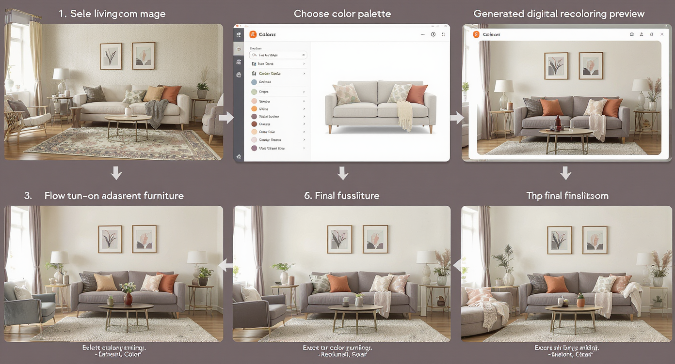 Step-by-step collage showing digital furniture recoloring process from photo upload to color selection and export, maintaining realistic textures.