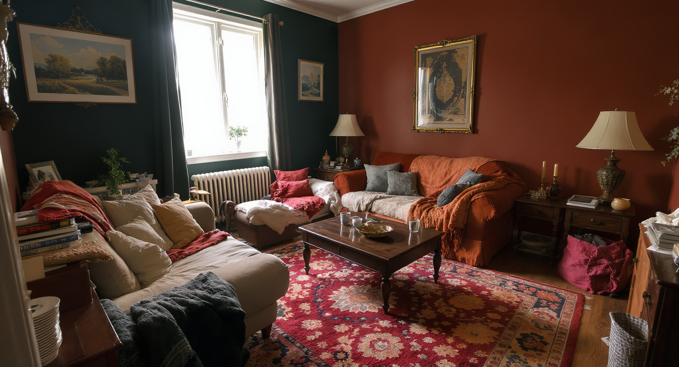 Small room with bold floral rug, dark green and terracotta walls, mismatched sofa creating busy, claustrophobic feel.