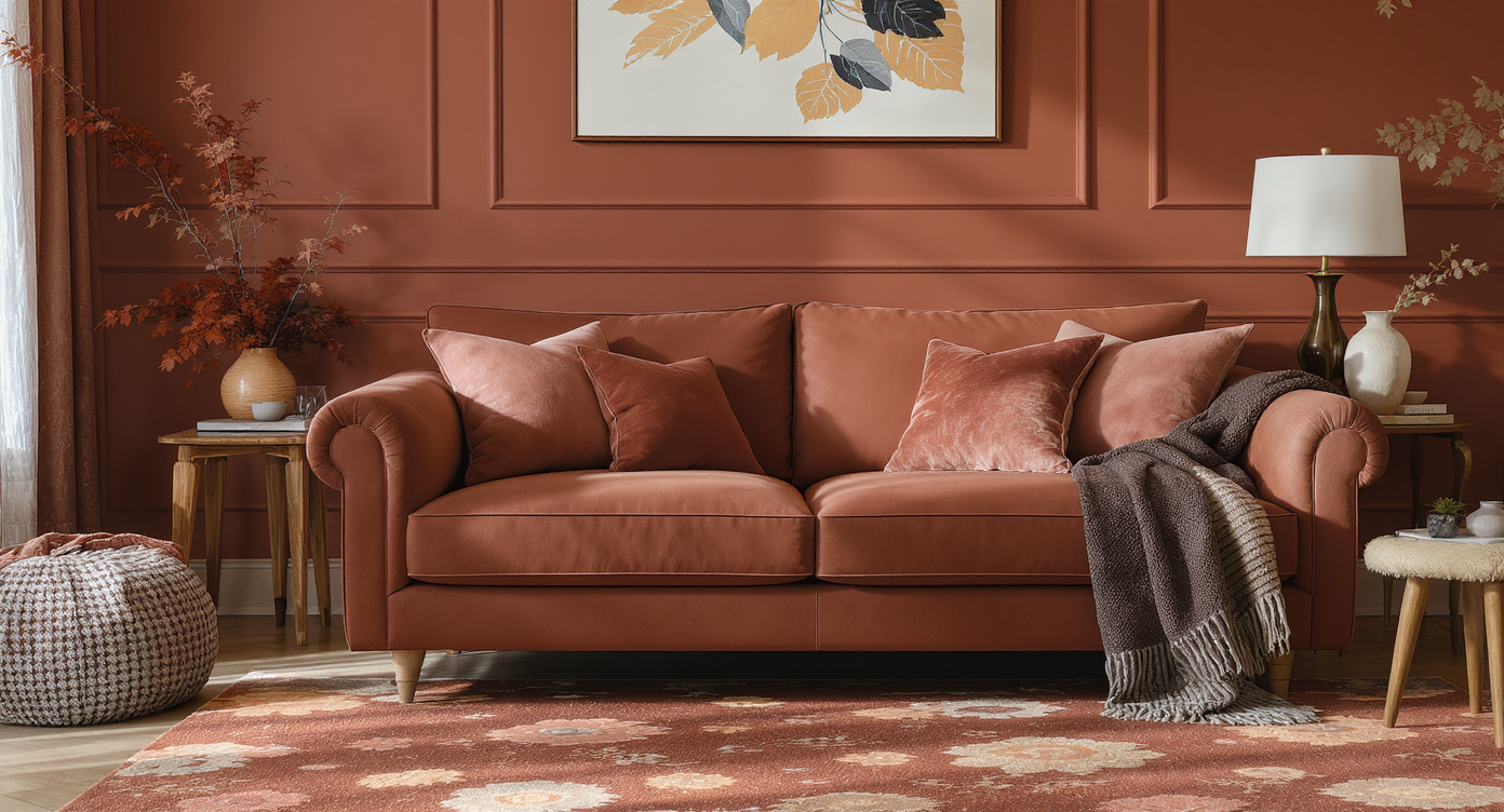 Living room with terracotta walls, bold floral rug, and realistic digitally recolored sofa showing texture detail and color harmony.