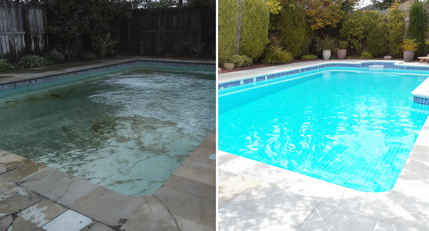 Split-view showing a neglected murky pool contrasted with a clear, refreshed pool in natural daylight.