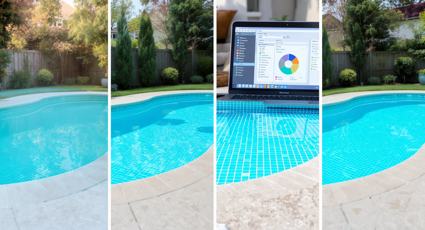 Collage depicting the process from backyard photo to AI-enhanced pool design, from original to final image.