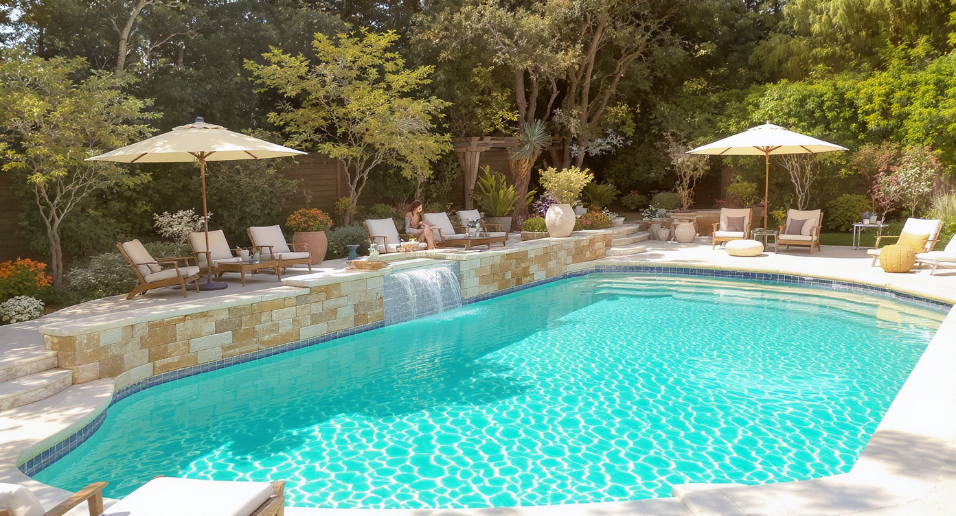 Well-lit backyard pool with natural stone edges, clear water, and people relaxing poolside under sunlight.