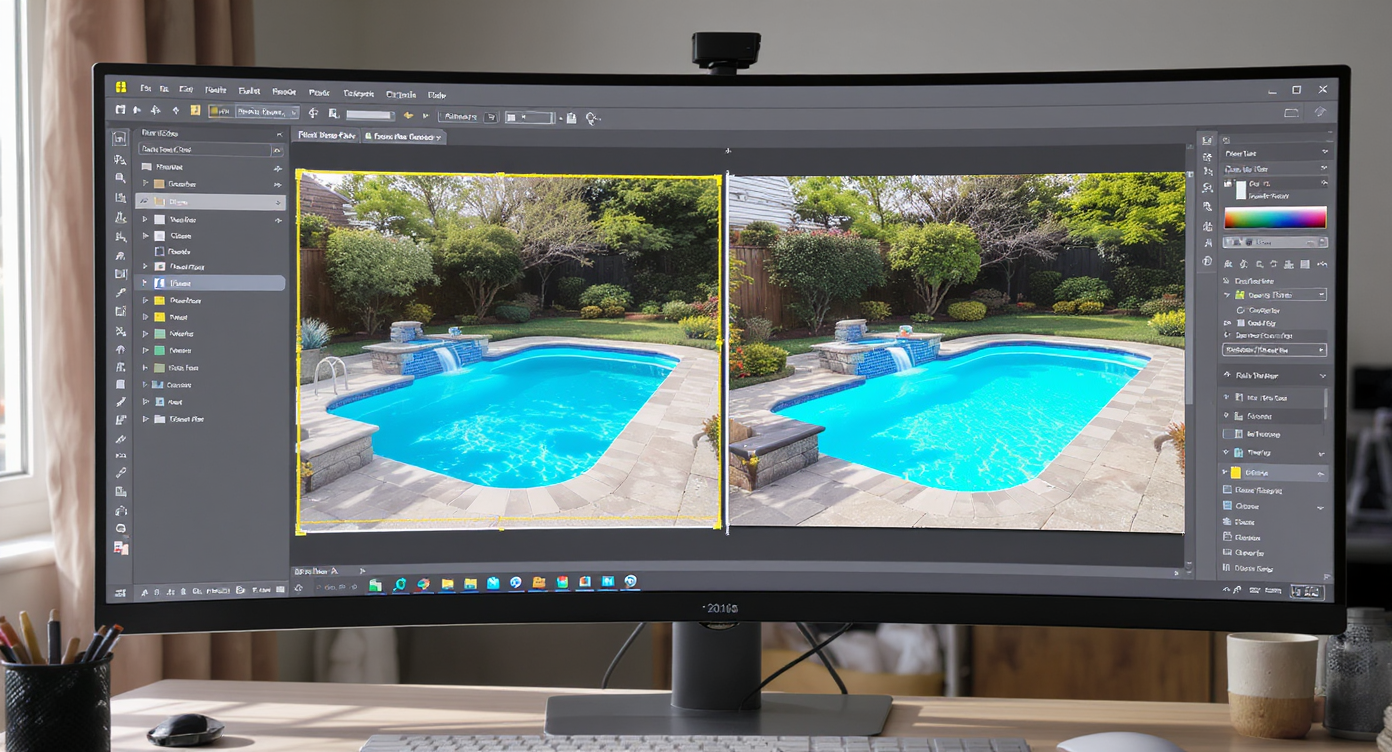 Computer screen displaying before-and-after photos of a backyard with and without a digitally added rectangular pool.