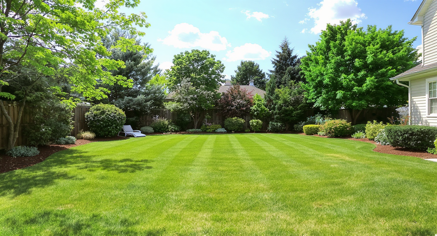 A sunny backyard with a bare lawn and surrounding trees, shown from ground level to illustrate potential for pool addition.