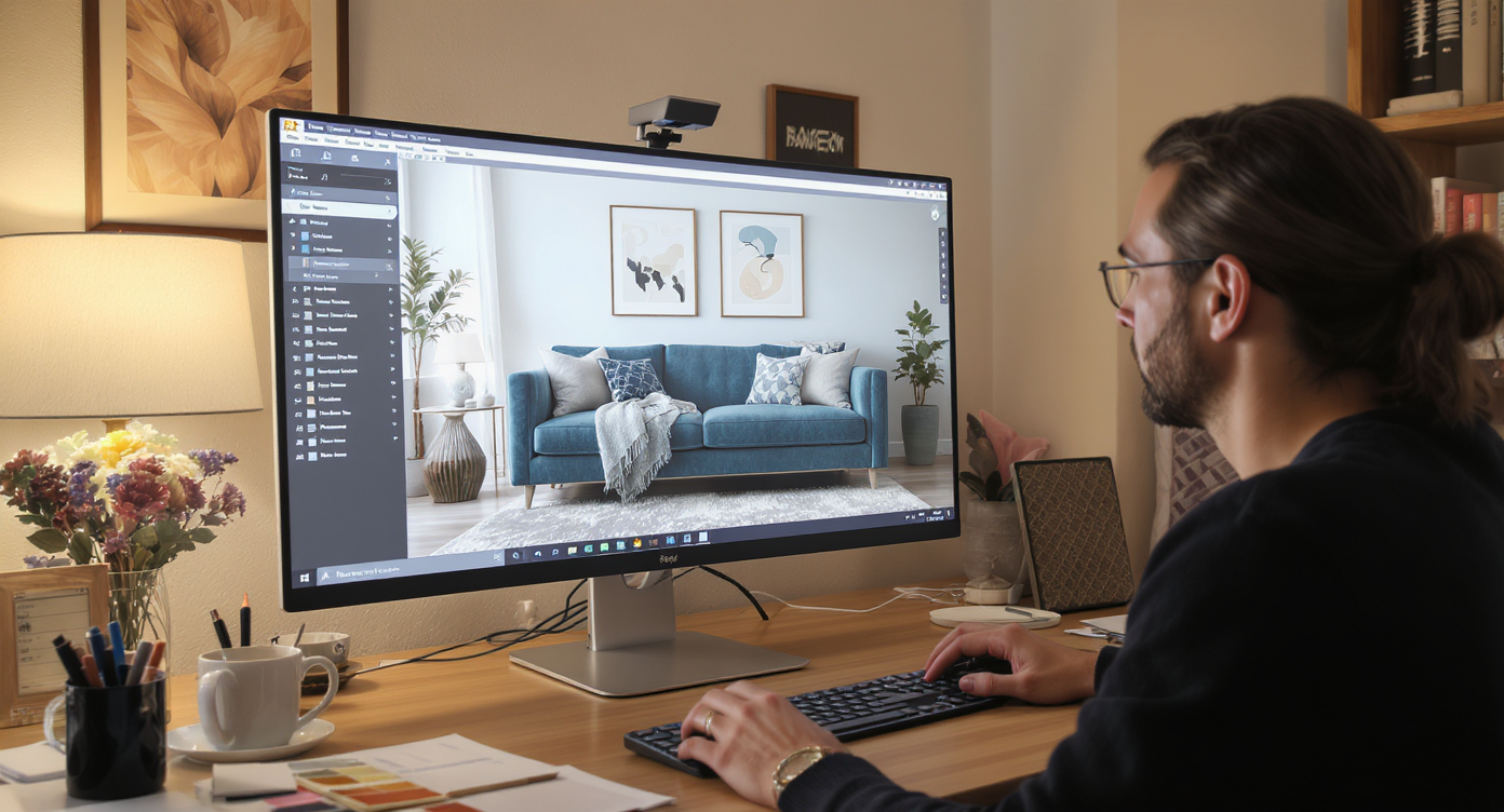 Designer at desk reviewing realistic digital renderings of a sofa with jewel-toned fabric under natural lighting on a large monitor.