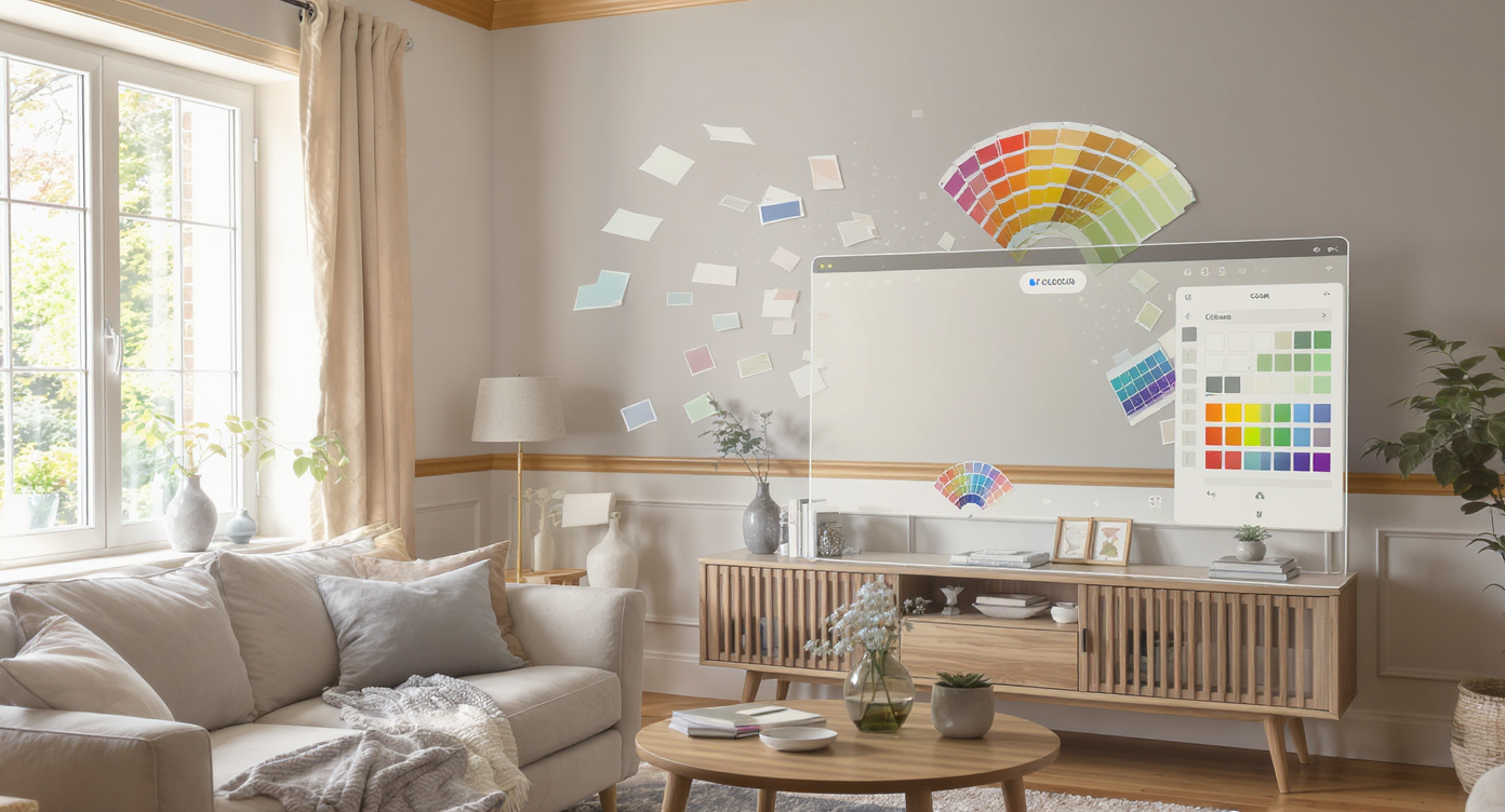 Cozy living room corner with wood trim, furniture, and a digital screen showing wall color swatches being tested