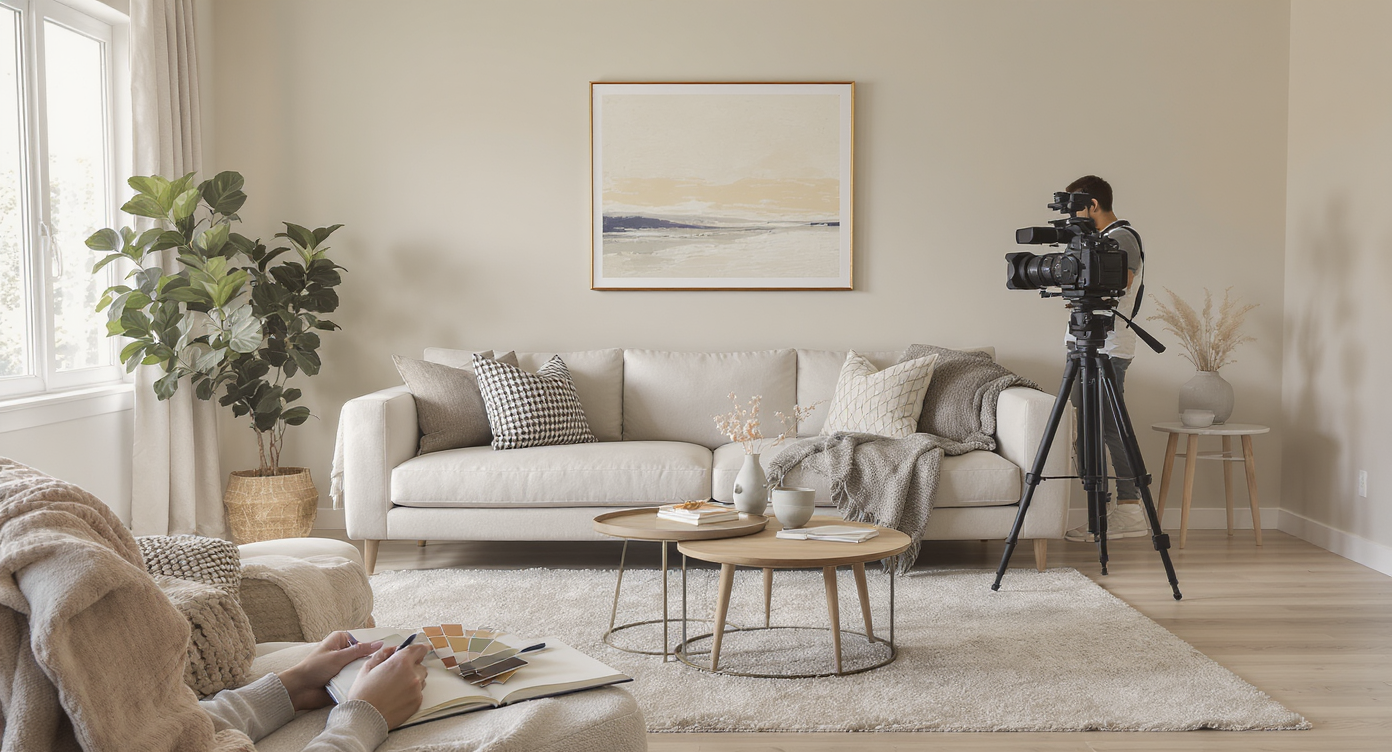 Living room with harmonious wall color and wood trim, designer taking color notes with paint swatches and camera setup