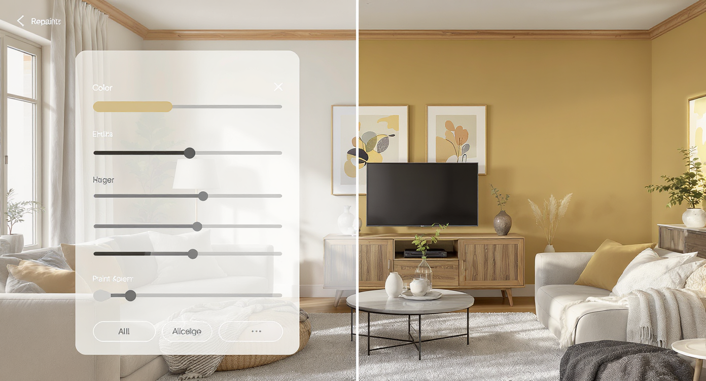 Digital interface recoloring a living room's walls in real time, showing precise color sliders and realistic results