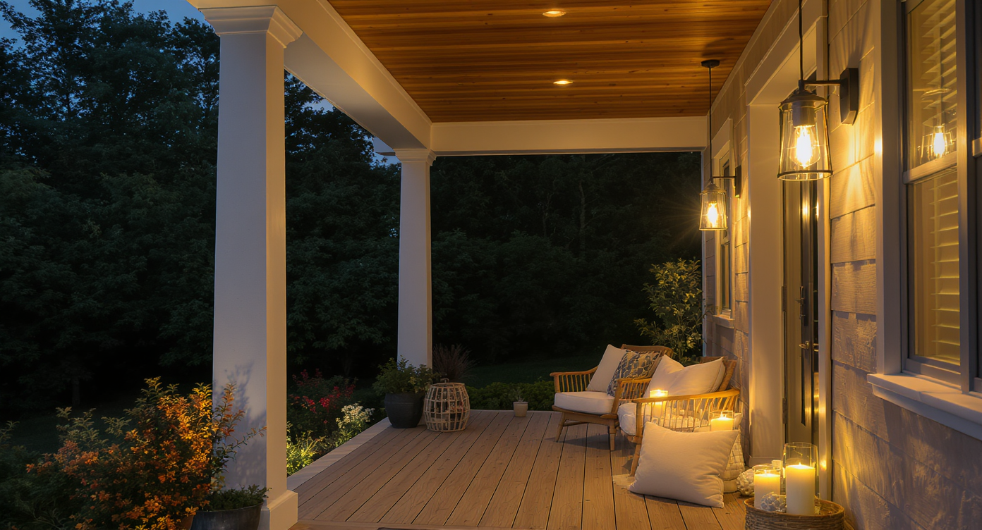 A modern porch illuminated by stylish pendant lights, creating a warm ambiance amidst wooden decor and greenery.