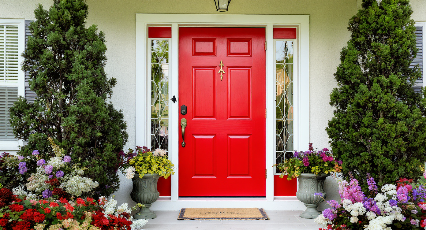 A vibrant red front door on a welcoming porch, surrounded by lush green planters and colorful flowers, inviting and stylish.