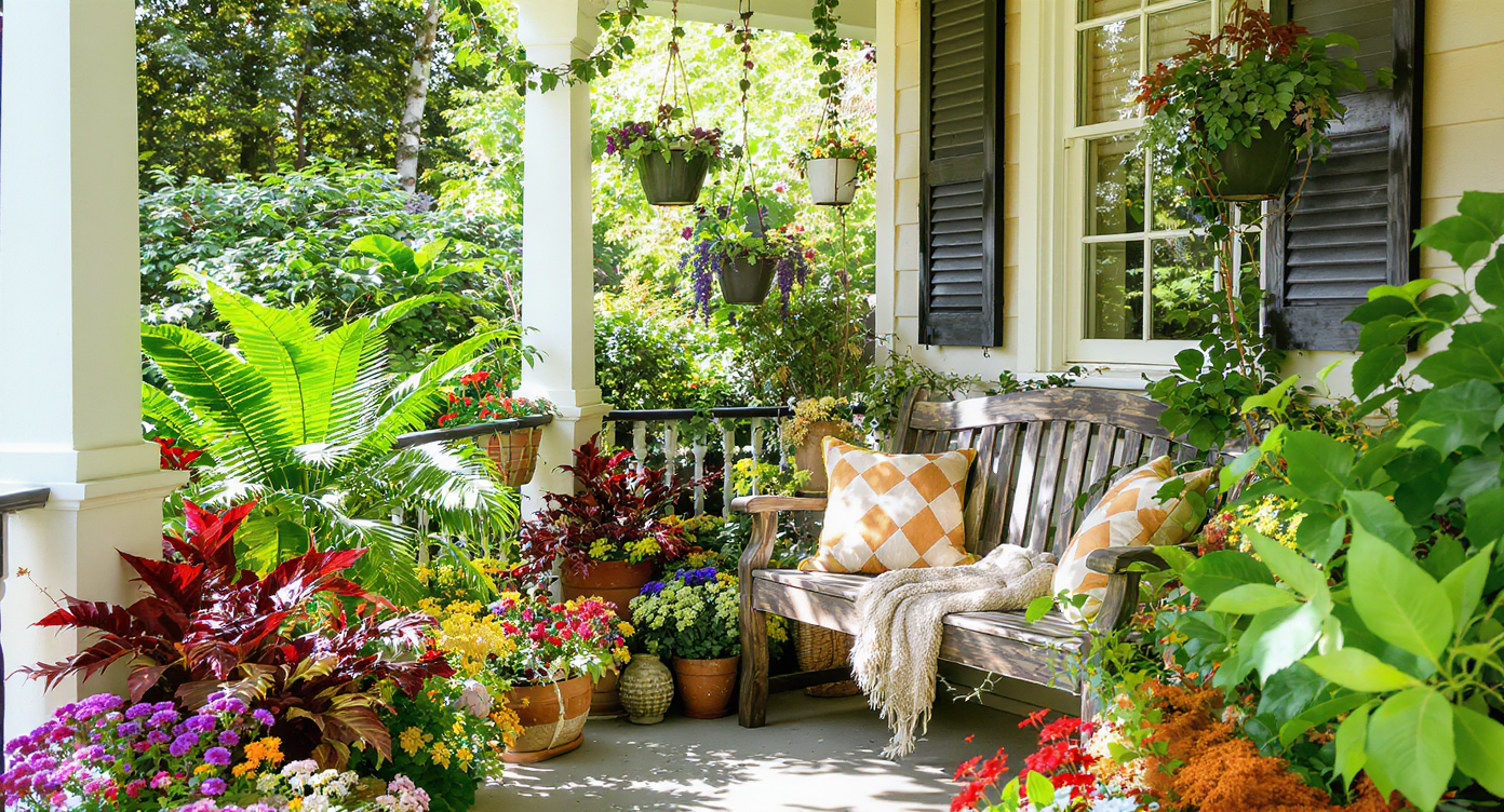 A lively front porch adorned with various potted plants and a rustic bench, creating a vibrant and fresh atmosphere.