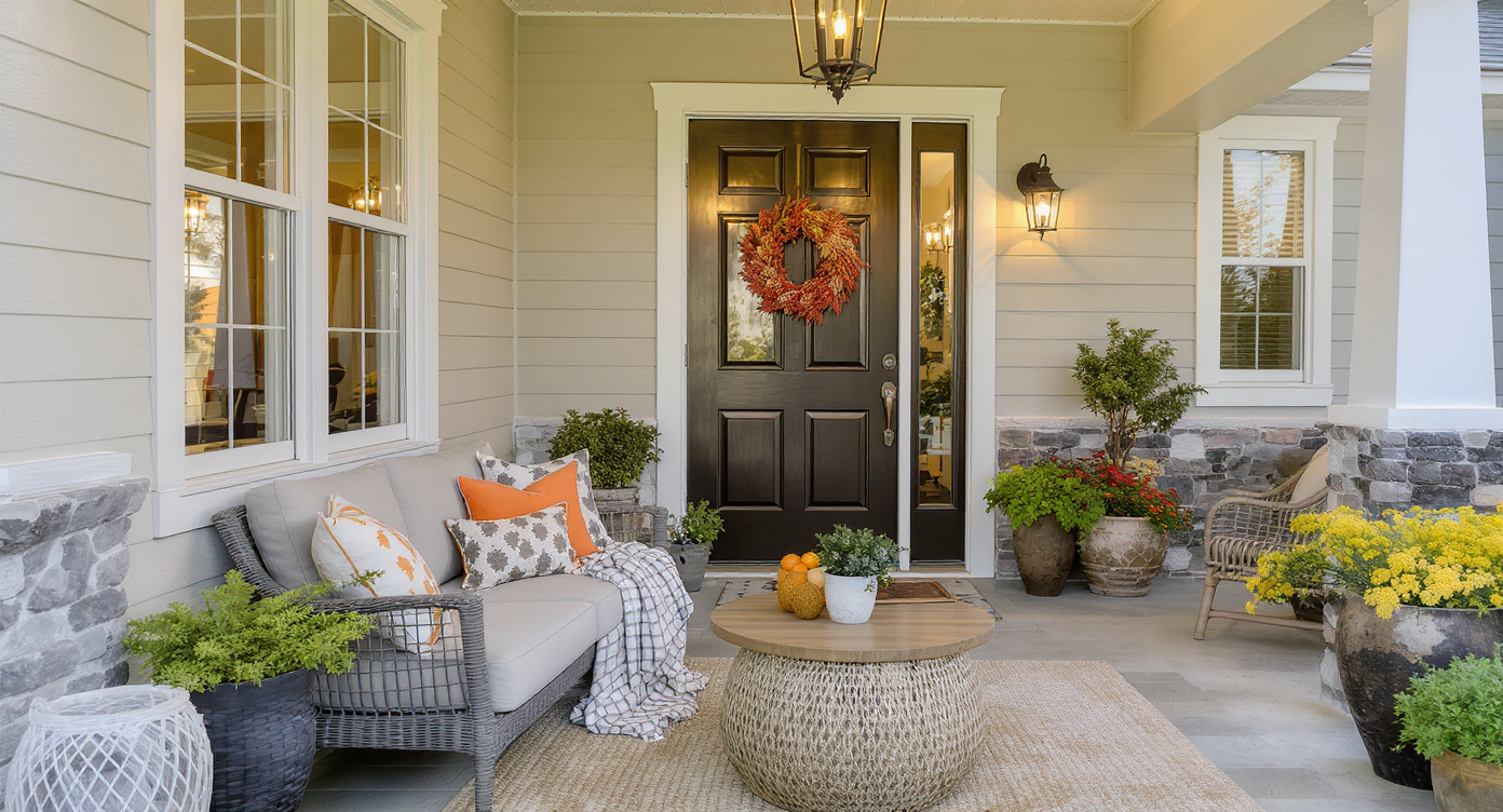 A cozy front porch with stylish seating, a painted door, and inviting plants, reflecting a welcoming atmosphere.