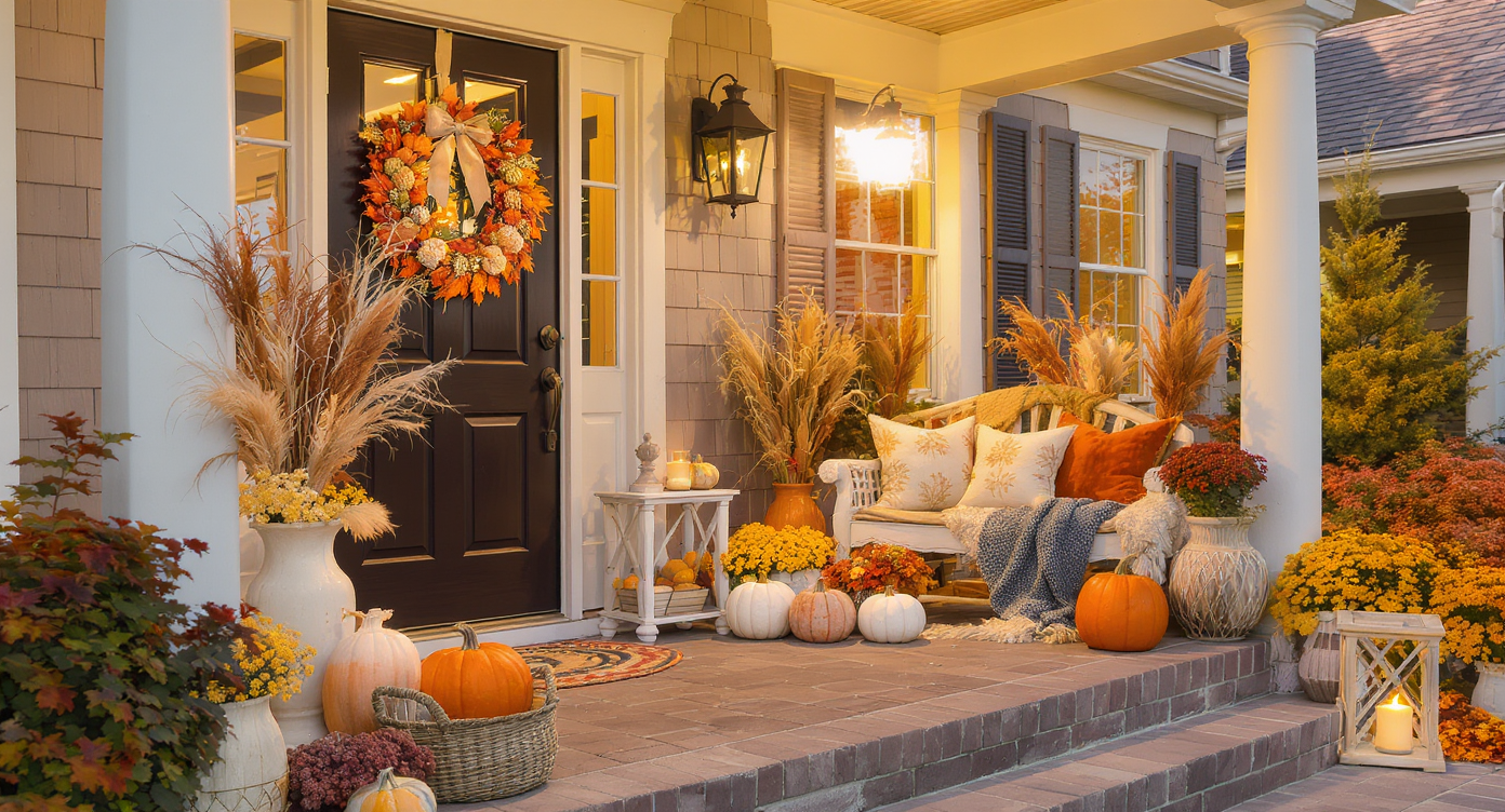 A front porch decorated for autumn with pumpkins, cozy blankets, and seasonal wreaths, creating a festive and inviting space.