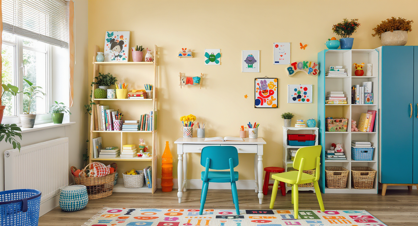 A colorful study area designed for children with child-sized furniture and engaging decor.