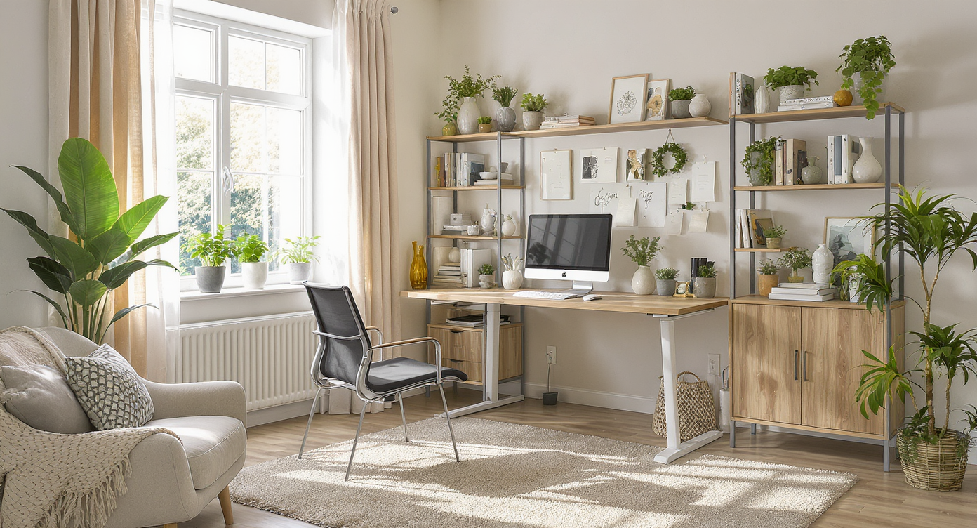 A well-lit study room featuring a modern desk, ergonomic chair, and inspiring decor.