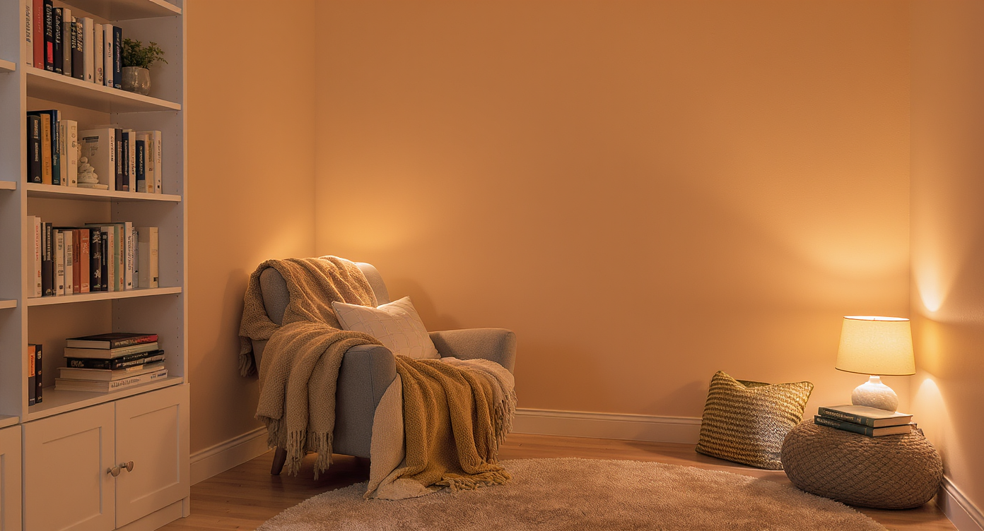 A cozy reading nook with a plush chair, soft lighting, and a shelf full of books.