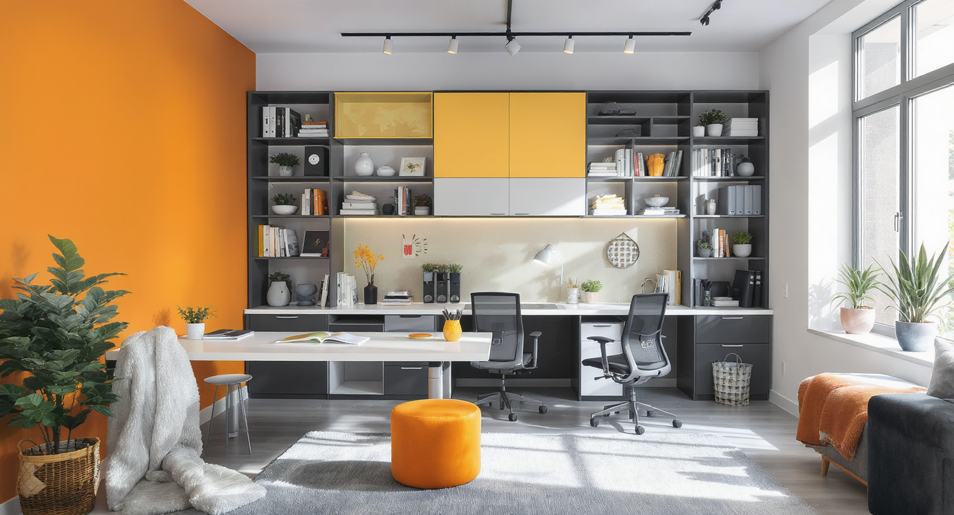 A study room with a spacious desk, ergonomic chair, and stylish decorative elements.