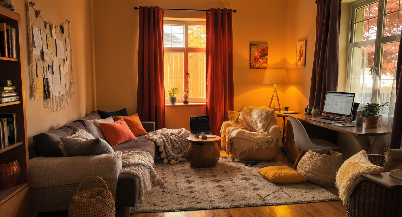 A cozy study room enhanced with warm lighting and plush upholstery, promoting comfort.