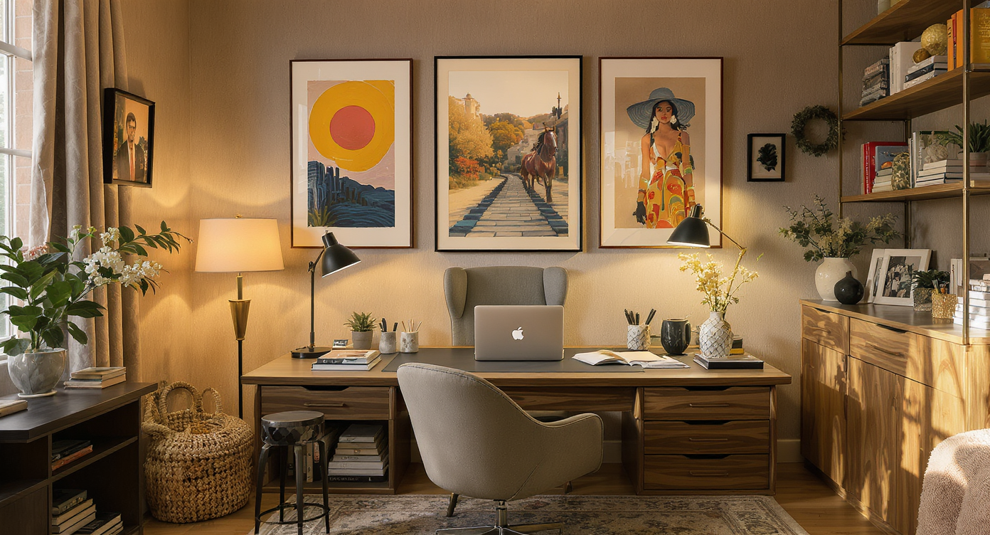 A personalized study room filled with art and custom furniture reflective of individual style.