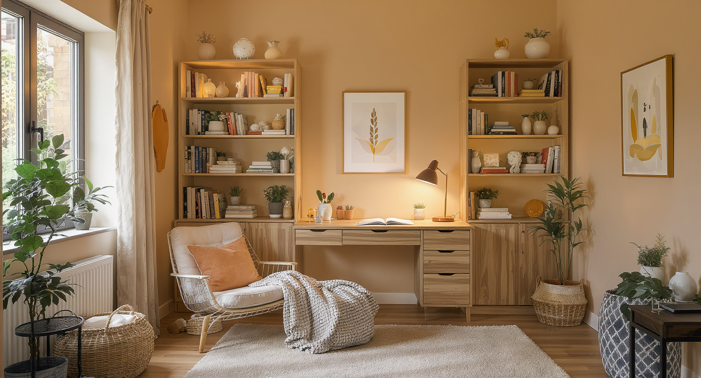 A cozy study room with a reading nook, desk, and personalized decor elements.