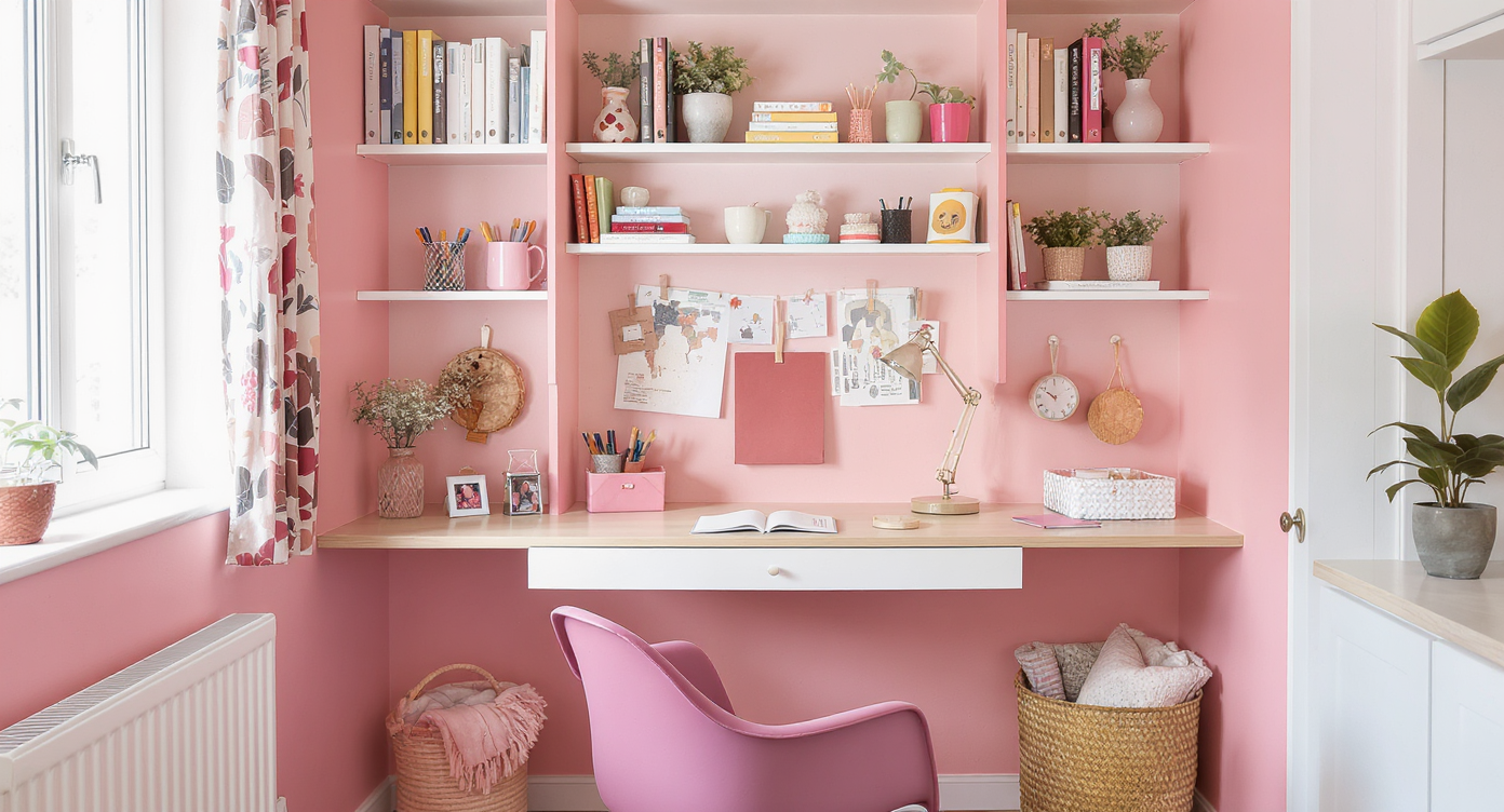 A small study area featuring a wall-mounted desk and vertical shelving in bright colors.