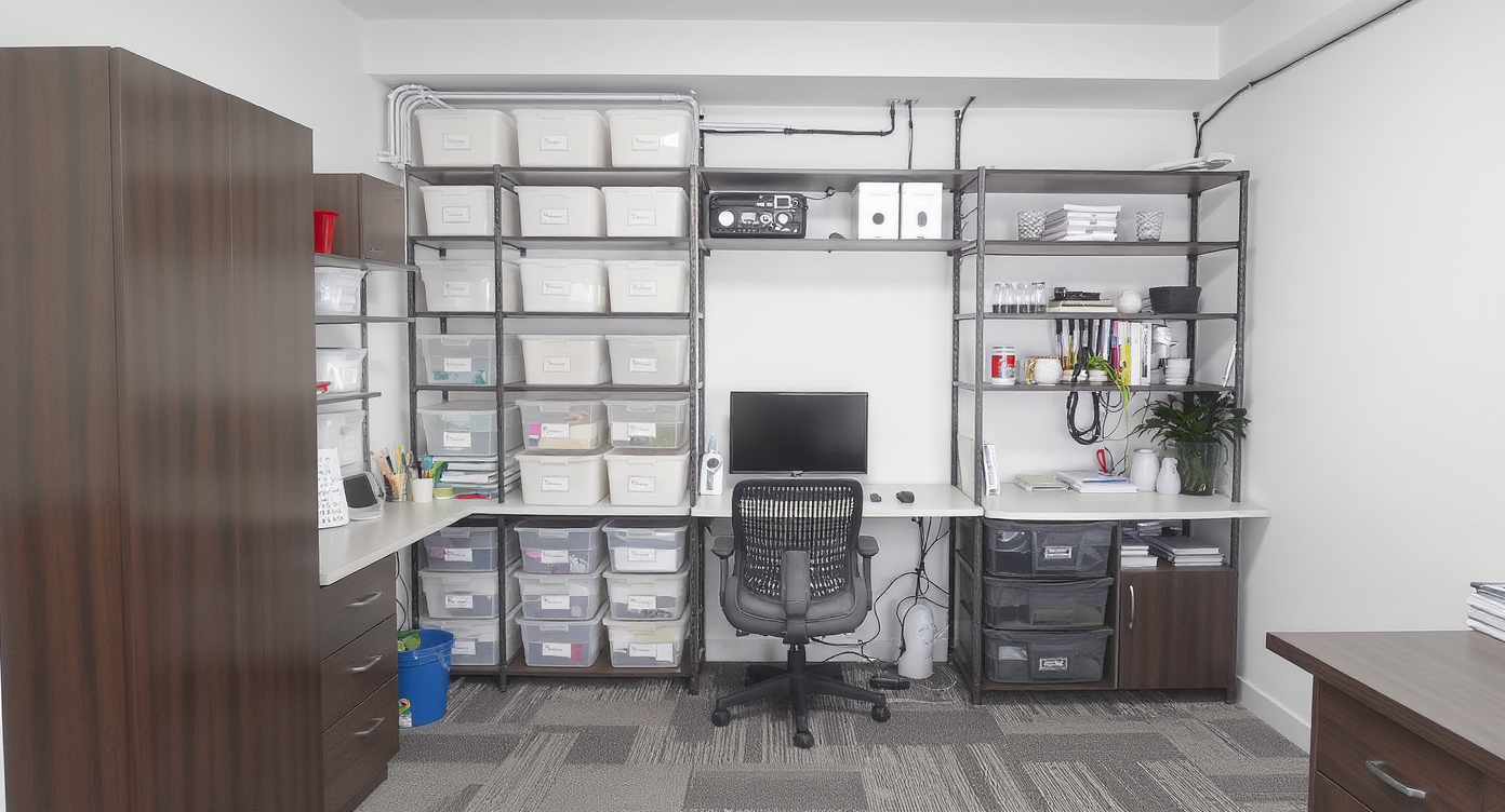 An organized study room featuring advanced storage solutions and a cable management system.