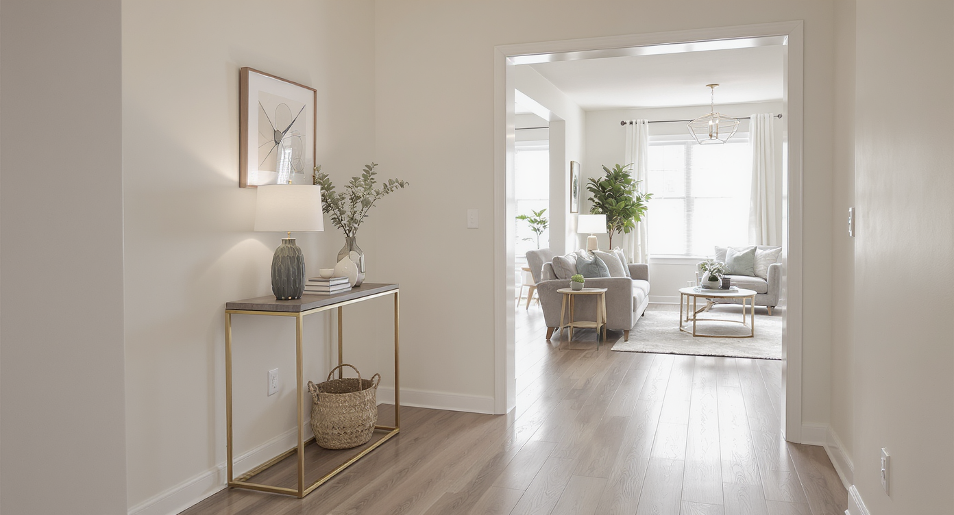 A minimalist entryway with a console table, neutral tones, and soft lighting.