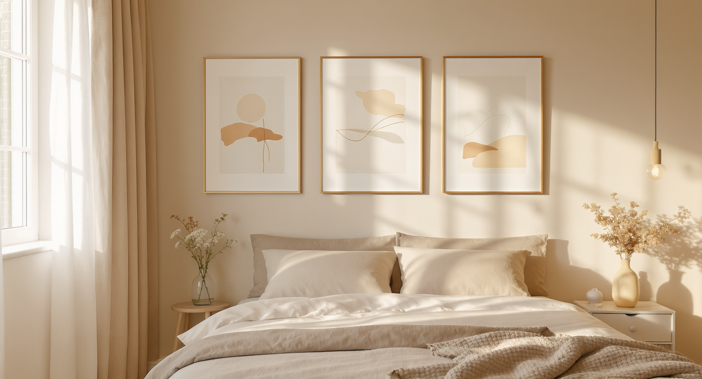 A tranquil bedroom with minimalist line drawings and soft bedding.