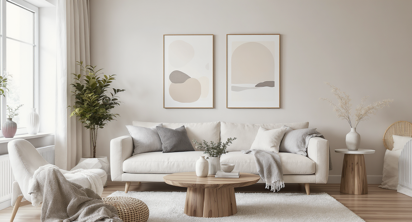A cozy living room in neutral shades, featuring a minimalist sofa and natural light.