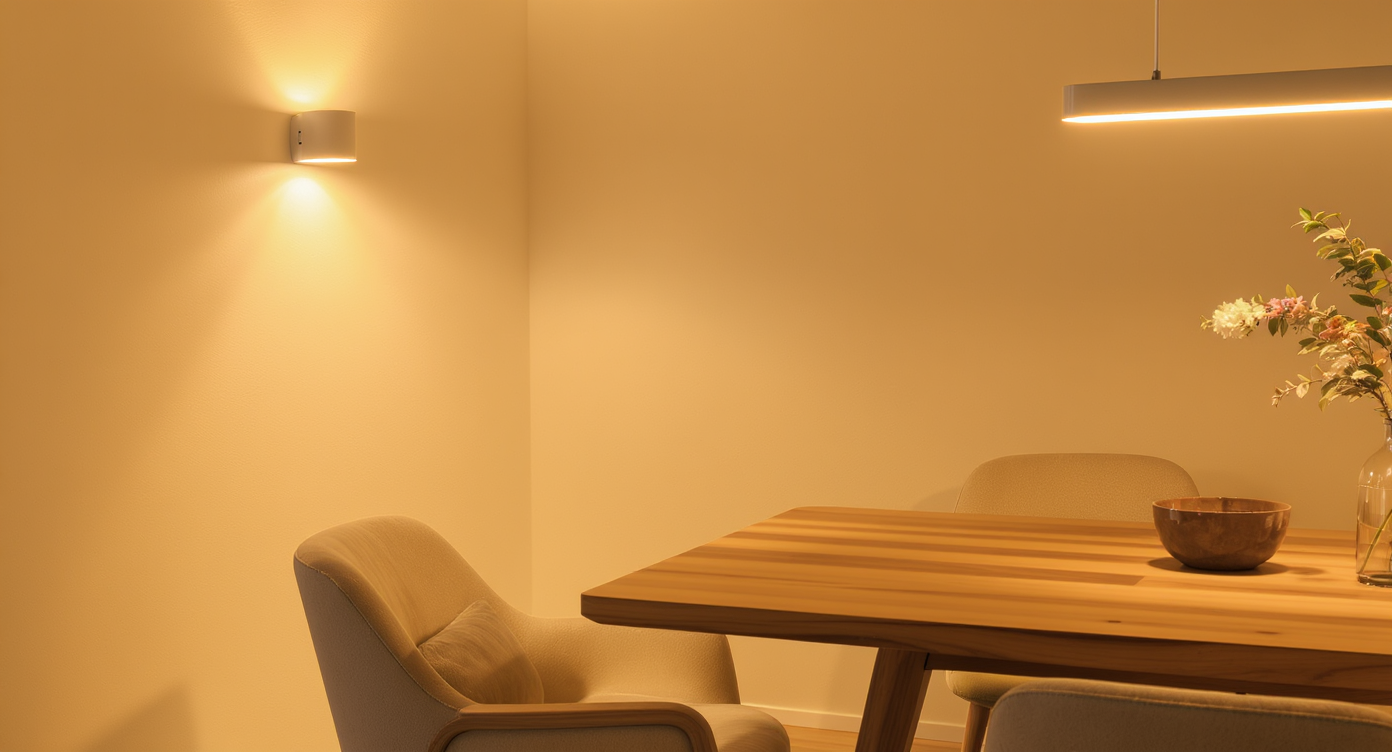A well-lit dining area with warm lighting creating a cozy atmosphere.