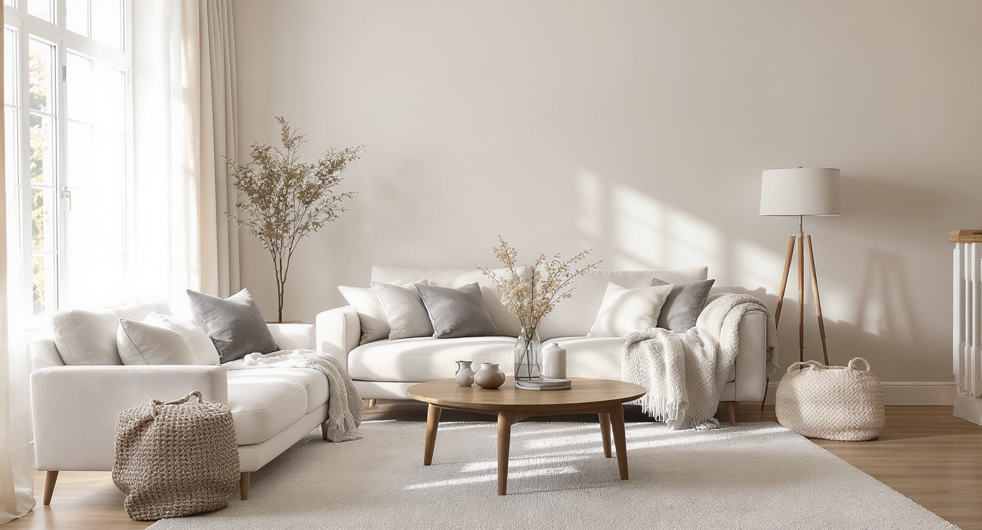 A minimalist living room decorated with neutral tones, natural sunlight, and a clean aesthetic.