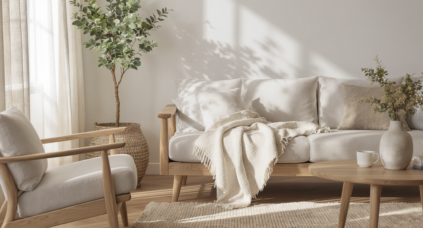 A living area decorated with natural materials and neutral tones.