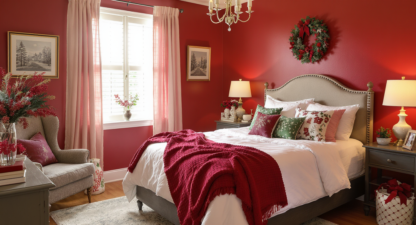 Bedroom with a red accent wall and white bedding, featuring Christmas decorations.