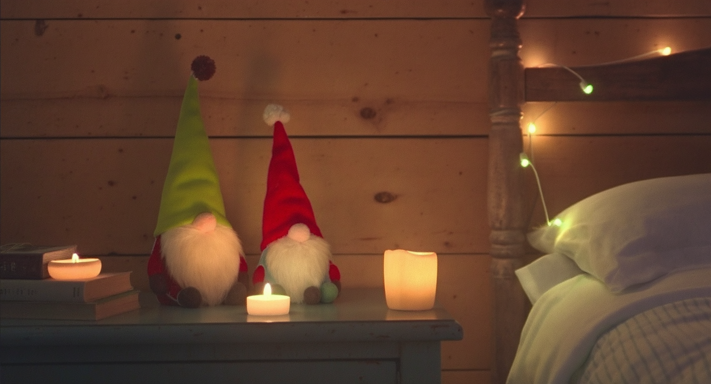 Gnomes placed on a nightstand and bookshelf in a decorated bedroom.