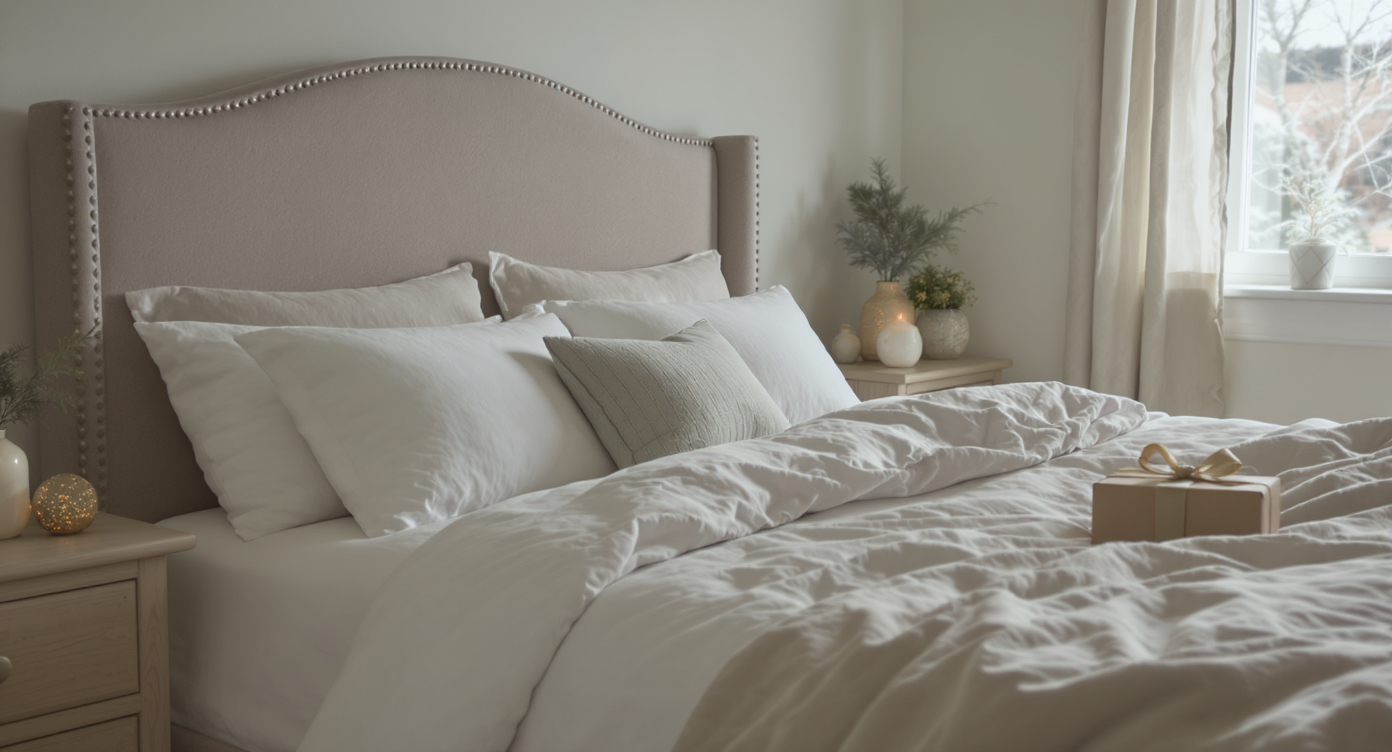 Decorated bedroom with flannel bedding and subtle Christmas decorations.