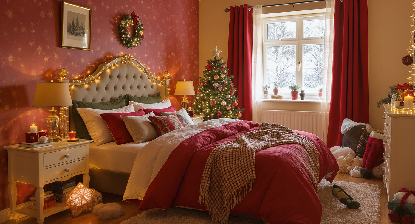 Cozy Christmas bedroom with festive bedding, a decorated tree, and warm lighting.