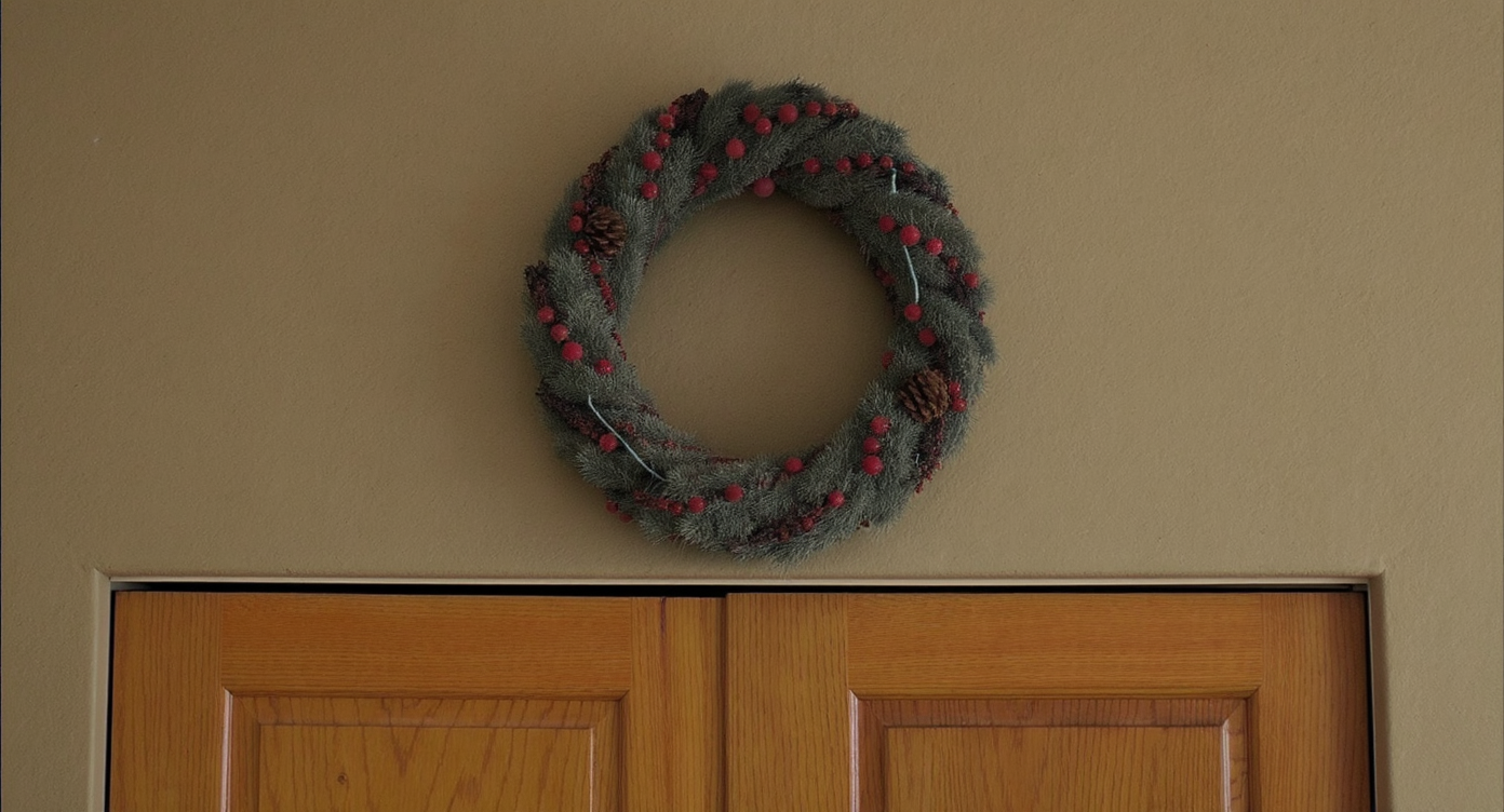 Christmas wreath adorned with berries hanging above a closet door.