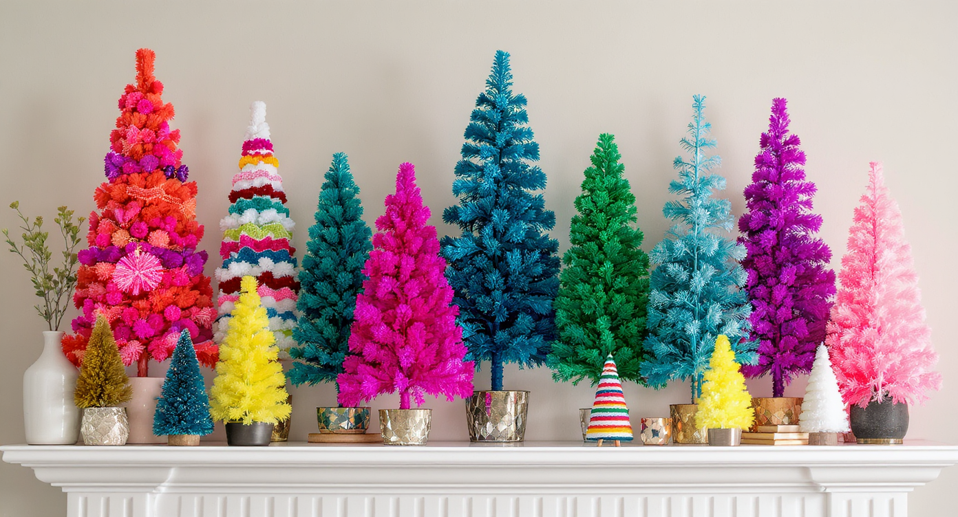 Colorful faux Christmas trees arranged on a shelf in a playful layout.