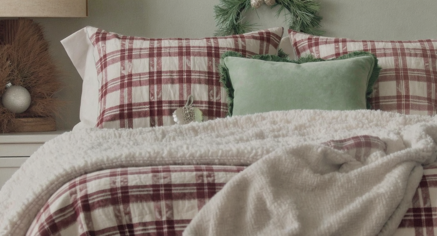 Close-up of a bed with red plaid bedding and Christmas pillows.