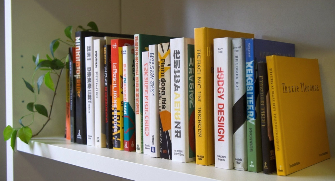 An array of design books on a contemporary shelf with colorful spines and a small green plant accent.