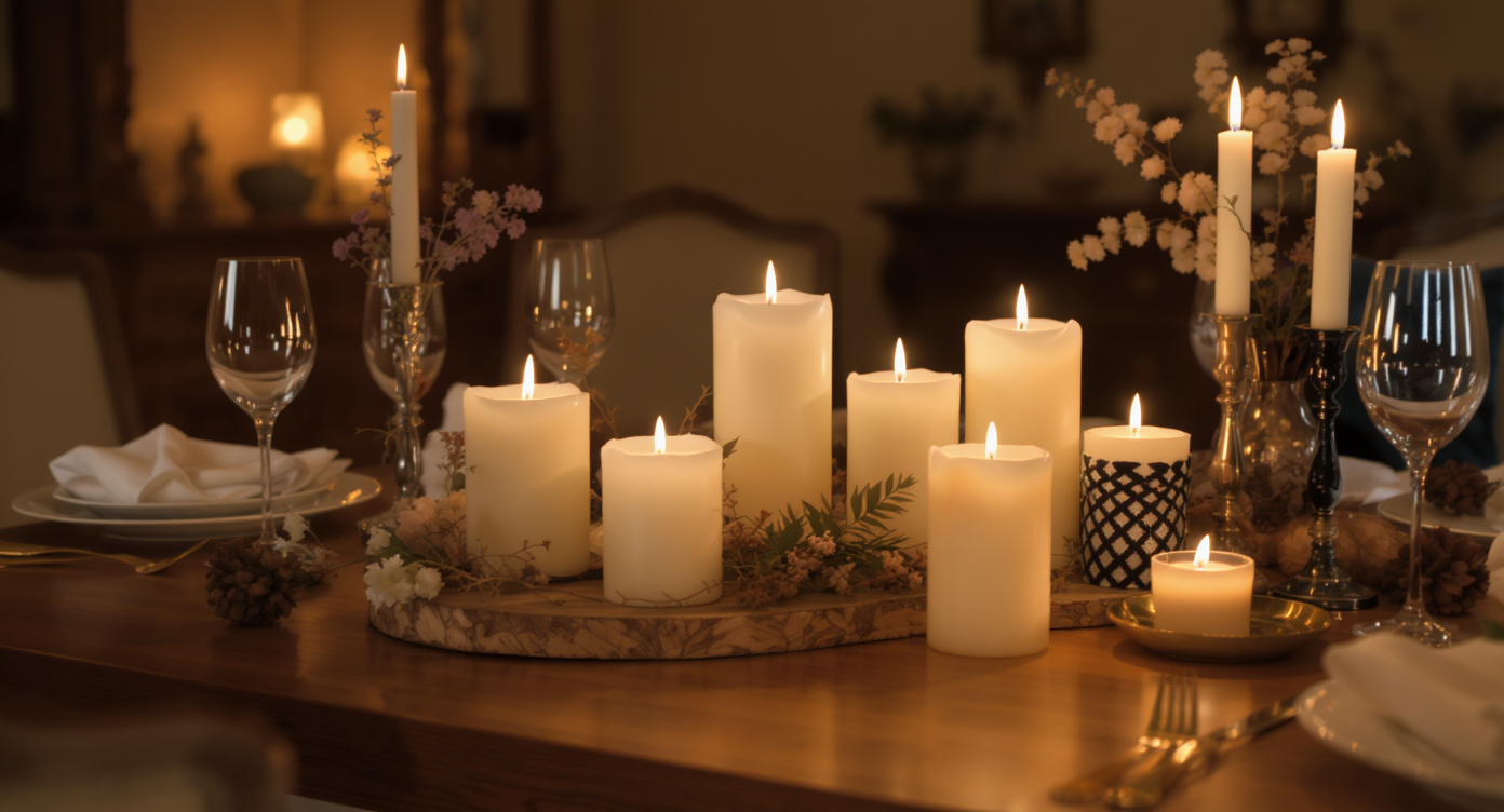 A dining table with designer candles of various shapes and sizes, creating a warm and inviting ambiance.
