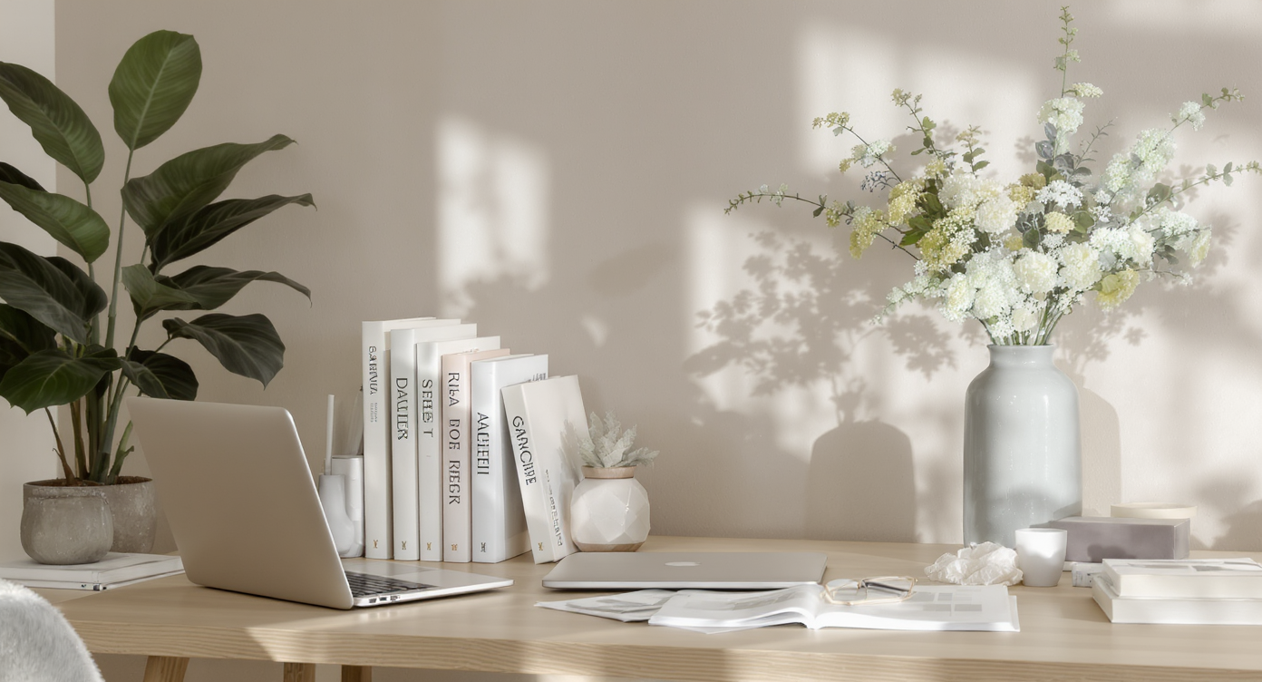 A stylish workspace with a laptop, design books, and fresh flowers, creating a calm and creative atmosphere.