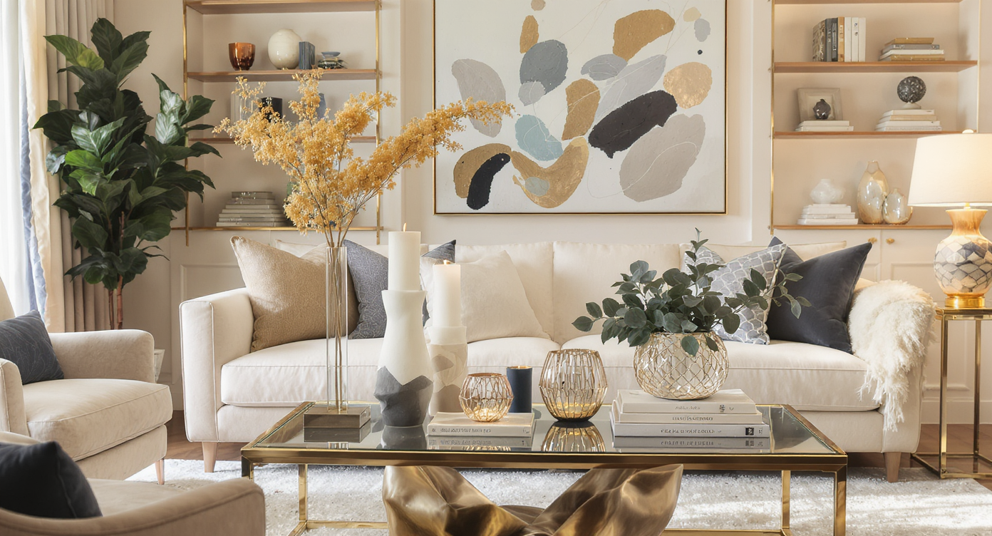 An elegant living room with thoughtfully curated home decor items showcasing modern sculptures and chic candle holders.