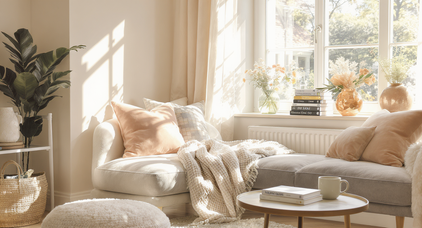 A cozy reading nook with design books under natural light, surrounded by plush cushions and a chic coffee table.