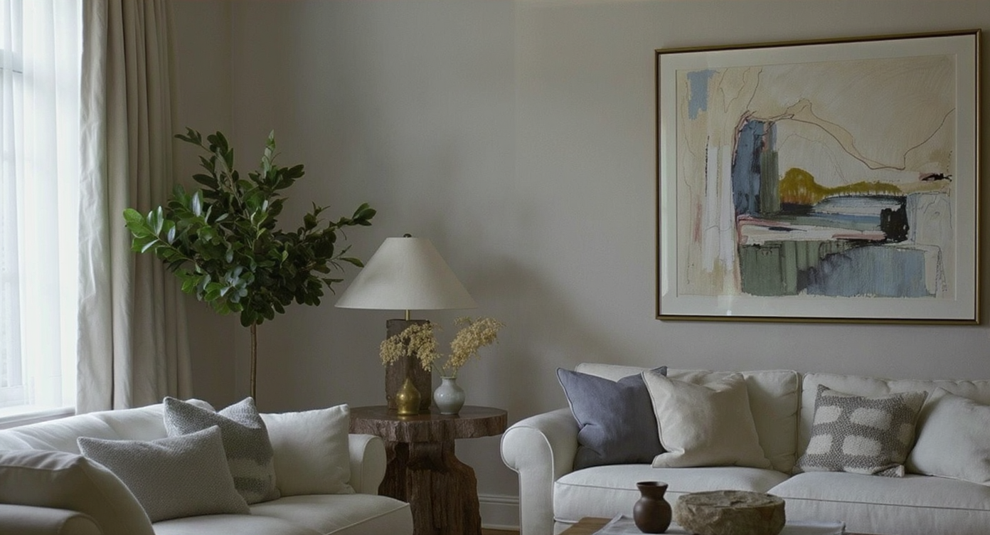 A stylish room with an original artwork piece displayed on the wall, emphasizing a minimalistic design.