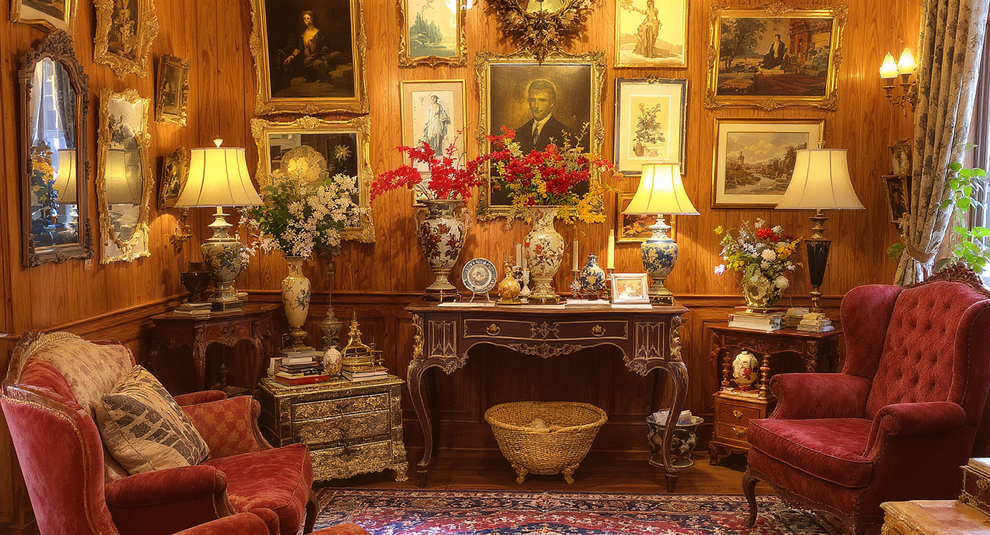 A room showcasing antique finds and unique art pieces, with a vintage table and eclectic wall art.