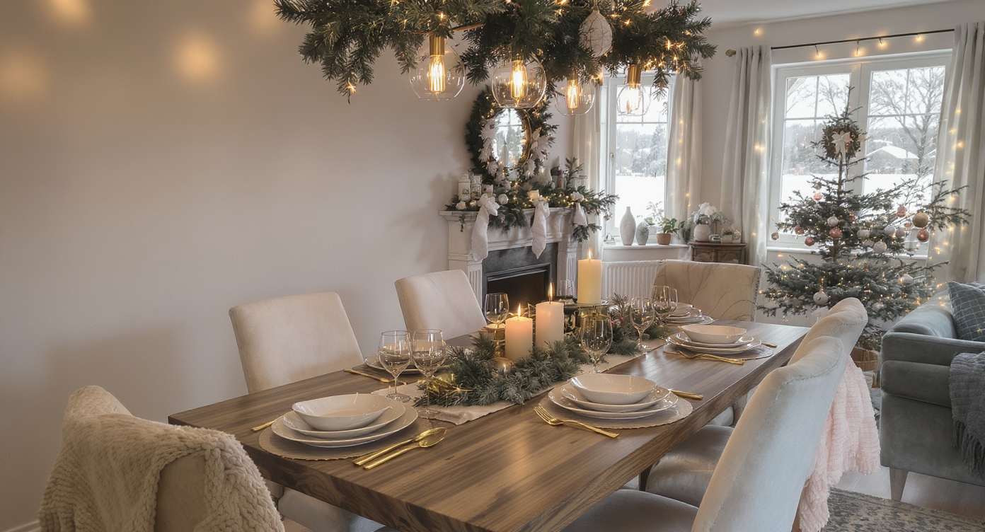 An elegant dining area set for Christmas with simple decorations and cozy lighting.